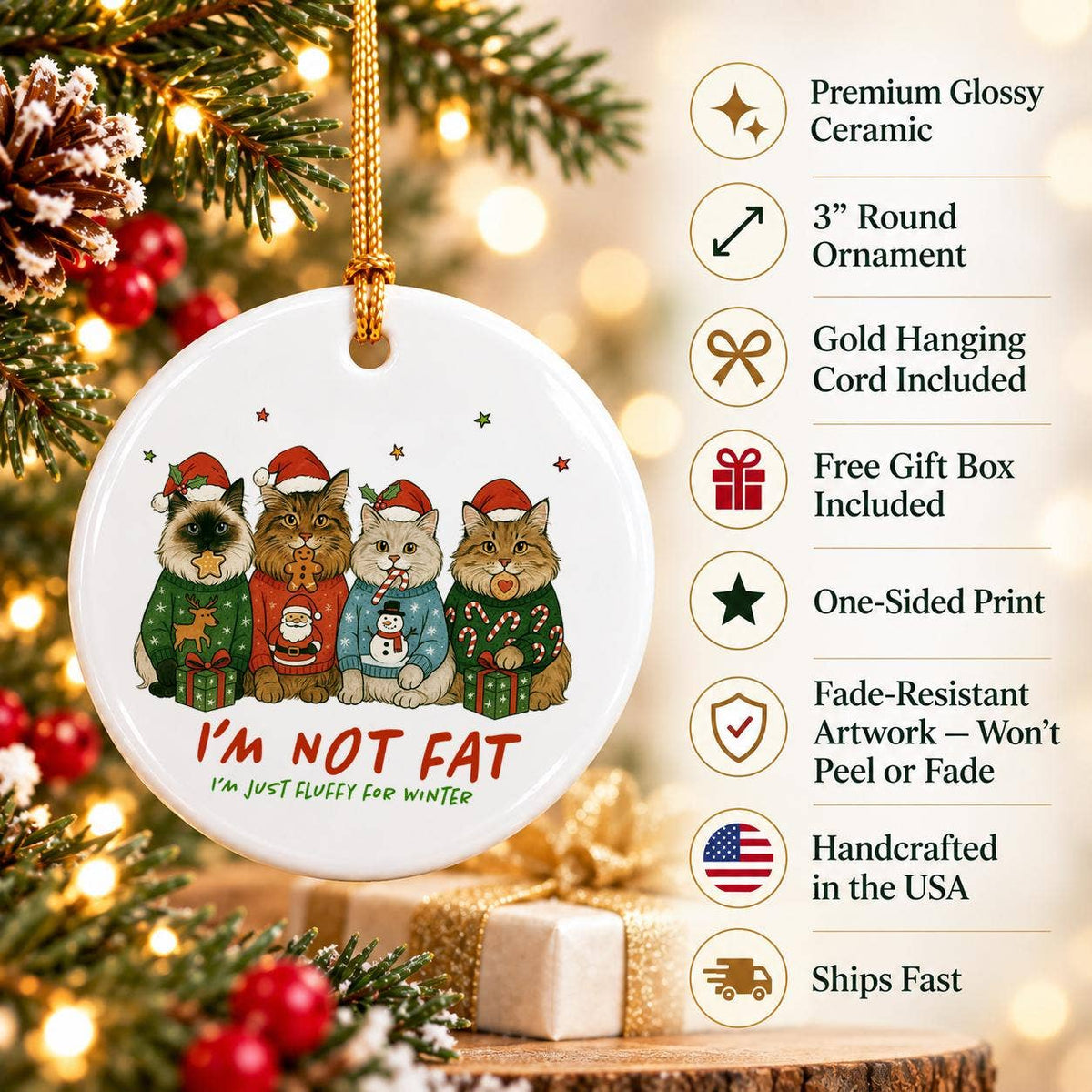 Humorous Fluffy Cats Ceramic Ornament with Sweaters & Gifts
