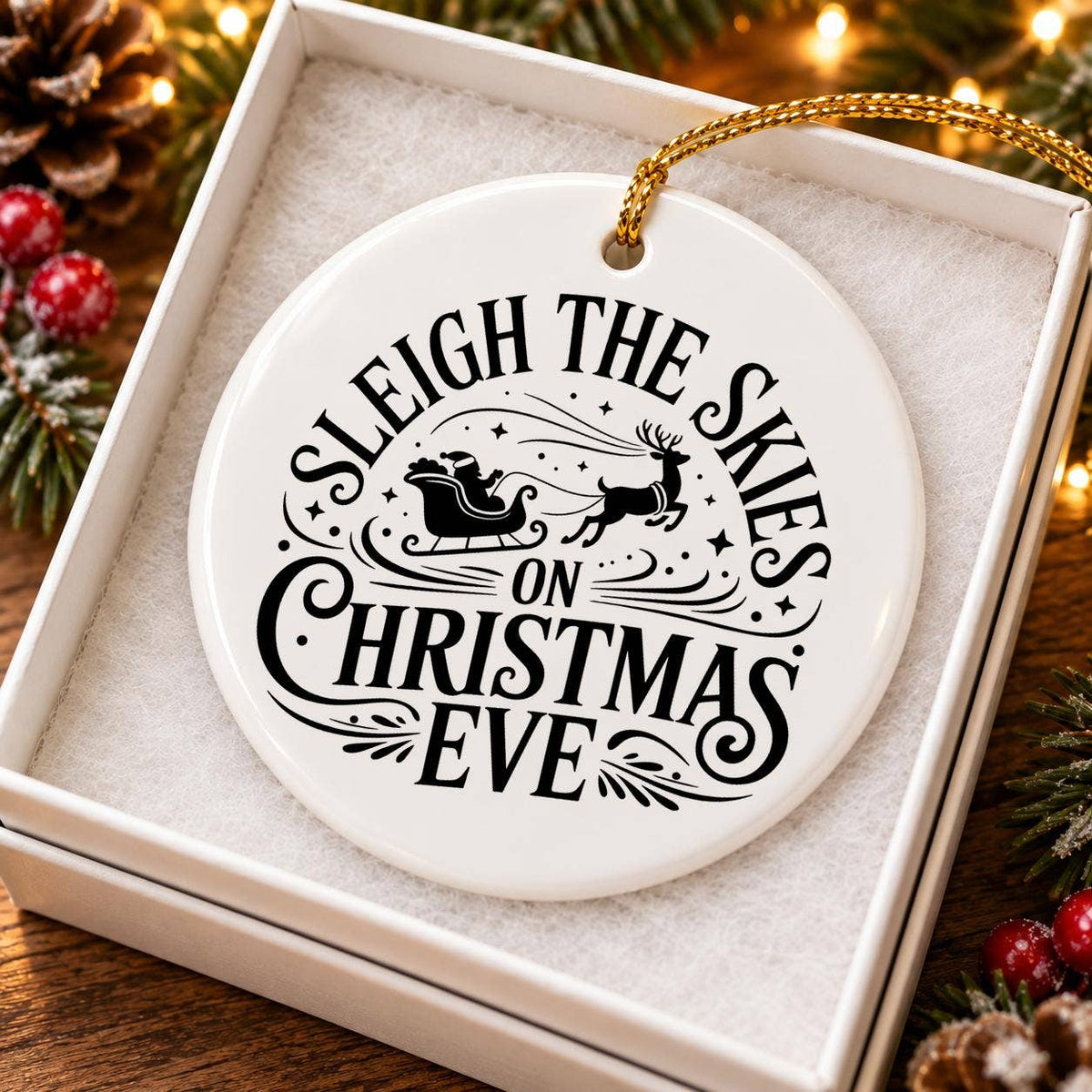 Glossy Ceramic Ornament: Festive Reindeer & Sleigh Scene