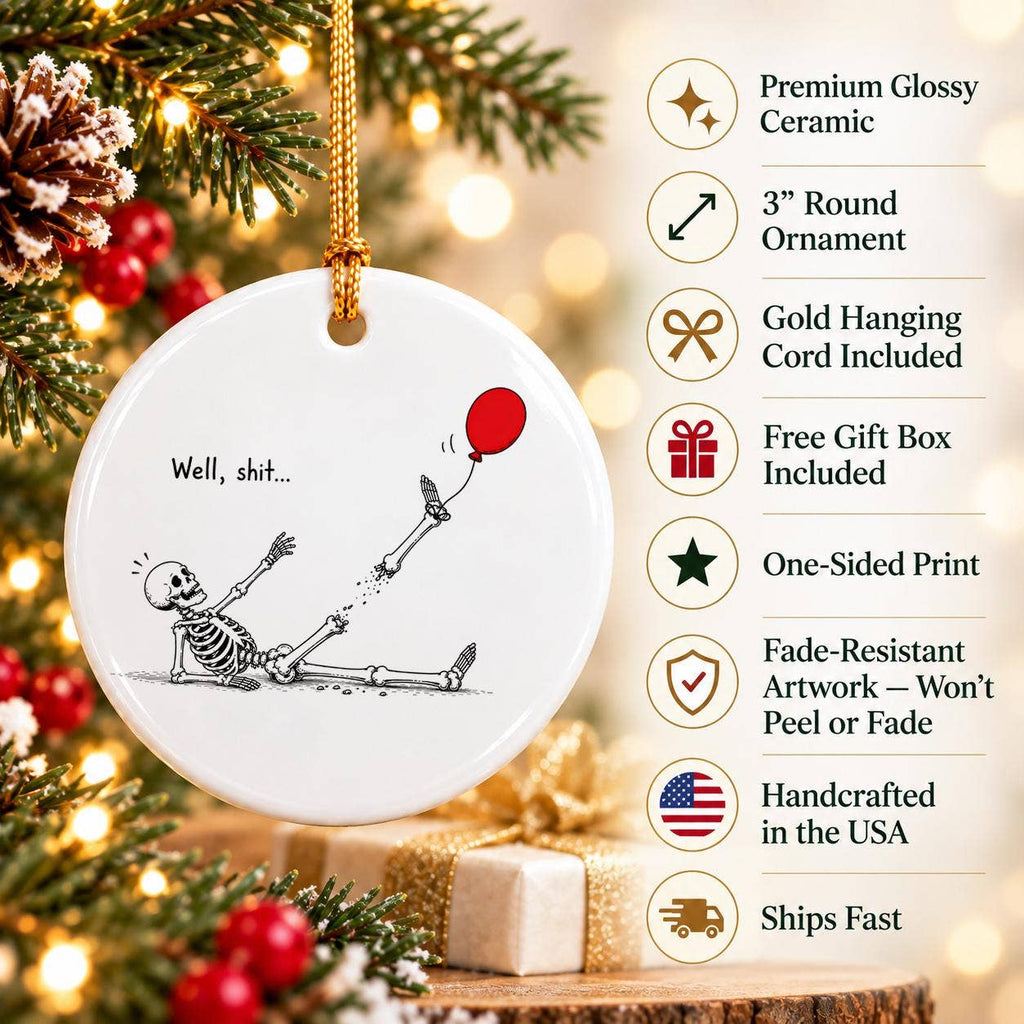 Humorous Ceramic Skeleton Ornament with Balloon in Gift Box