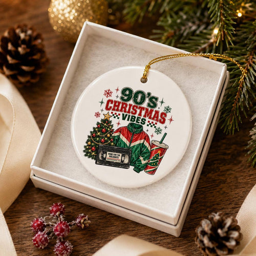 90s Christmas Vibes Ceramic Ornament with Gift Box