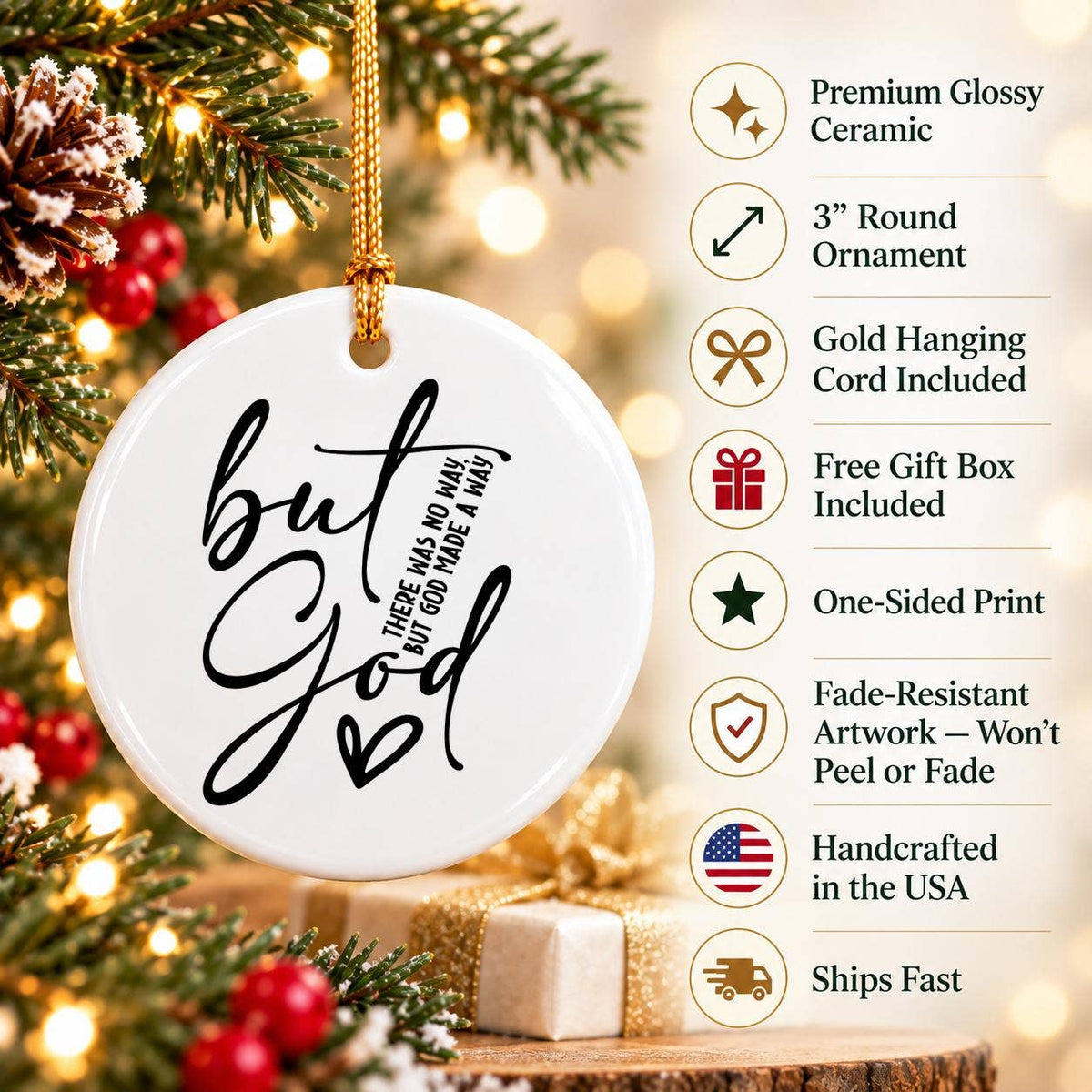 Inspirational 'But God' Ceramic Ornament with Gold Ribbon