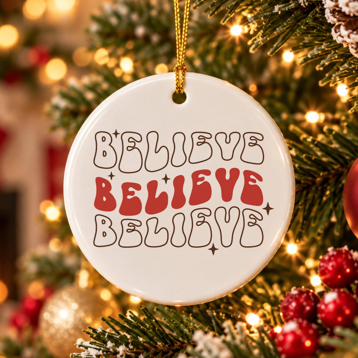 Believe Christmas Ceramic Ornament with Gift Box & Ribbon