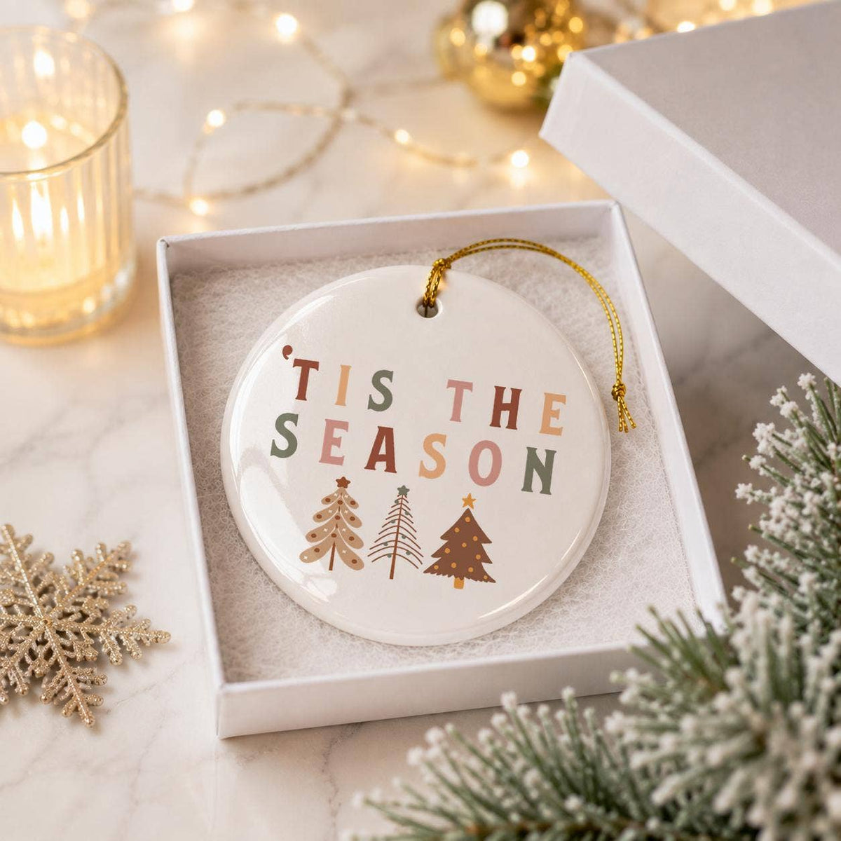 Ceramic Christmas Ornament with Tree Motifs and Gold Ribbon