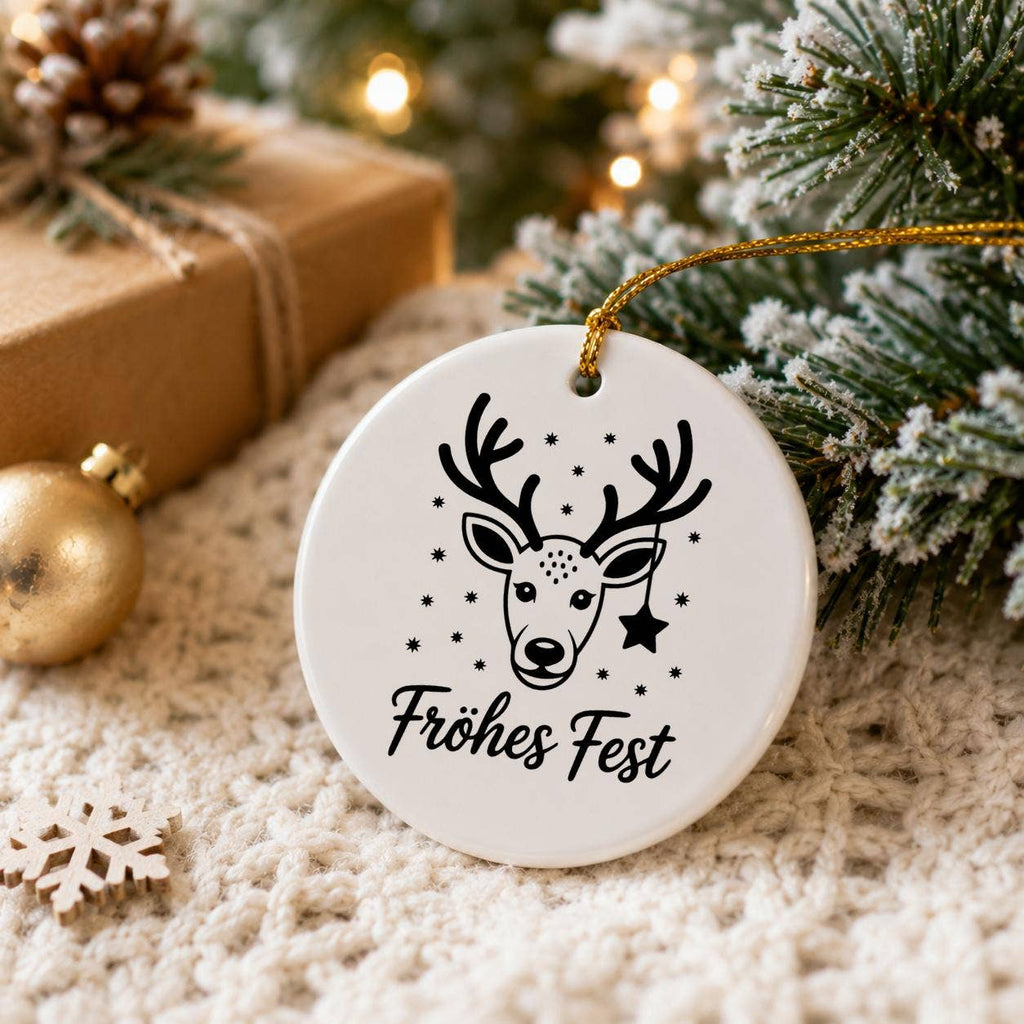 Fröhliche Fest Reindeer Ceramic Christmas Ornament