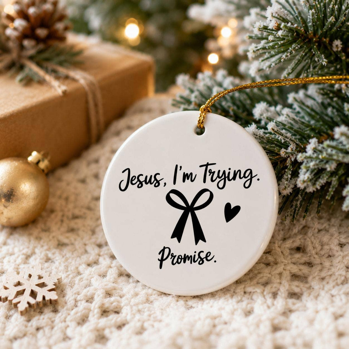 Ceramic Ornament with Jesus I'm Trying Sentiment