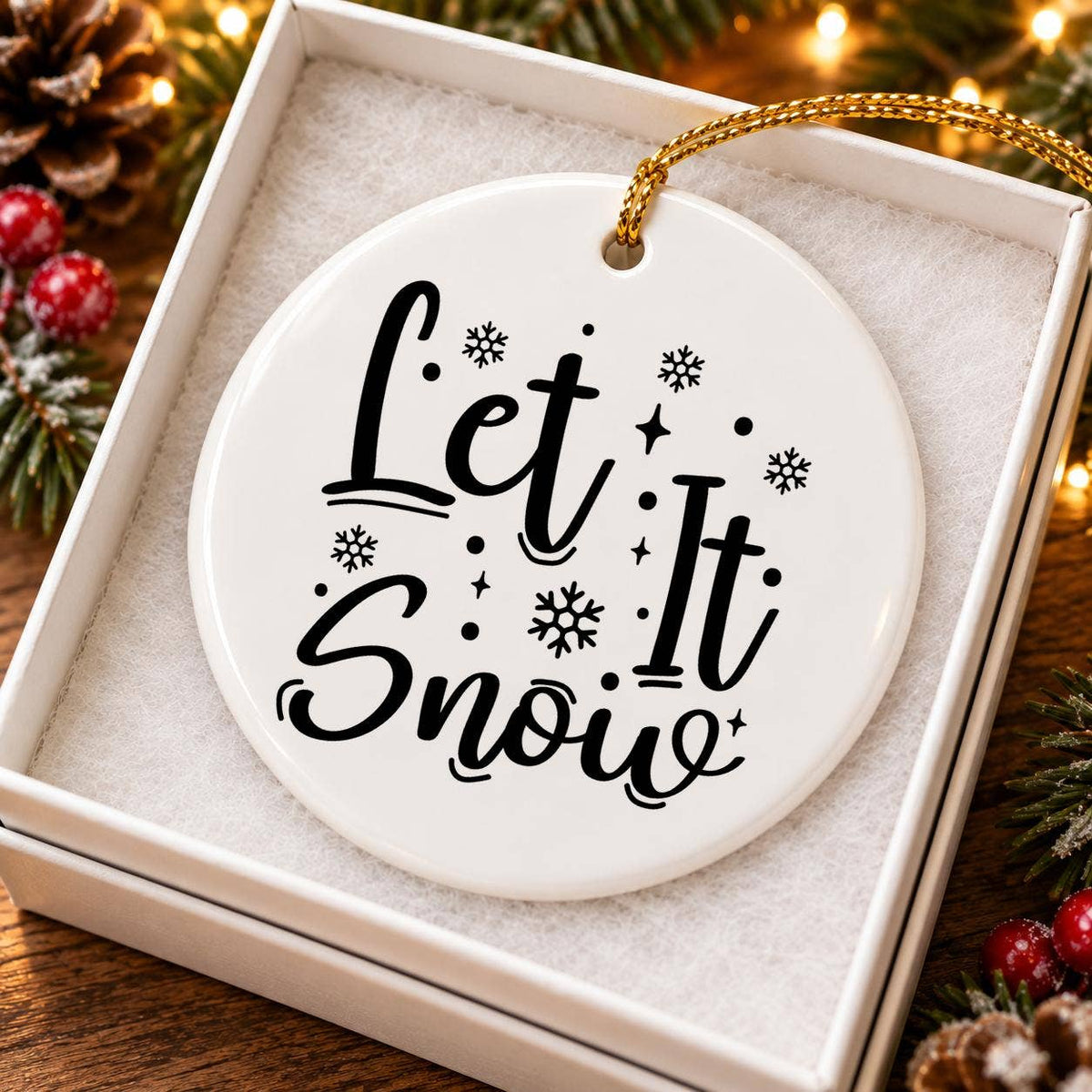 Elegant "Let It Snow" Snowflake Ceramic Ornament with Box
