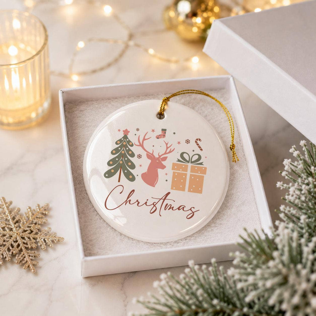 Festive Christmas Ornament: Reindeer, Tree, Gift in Ceramic