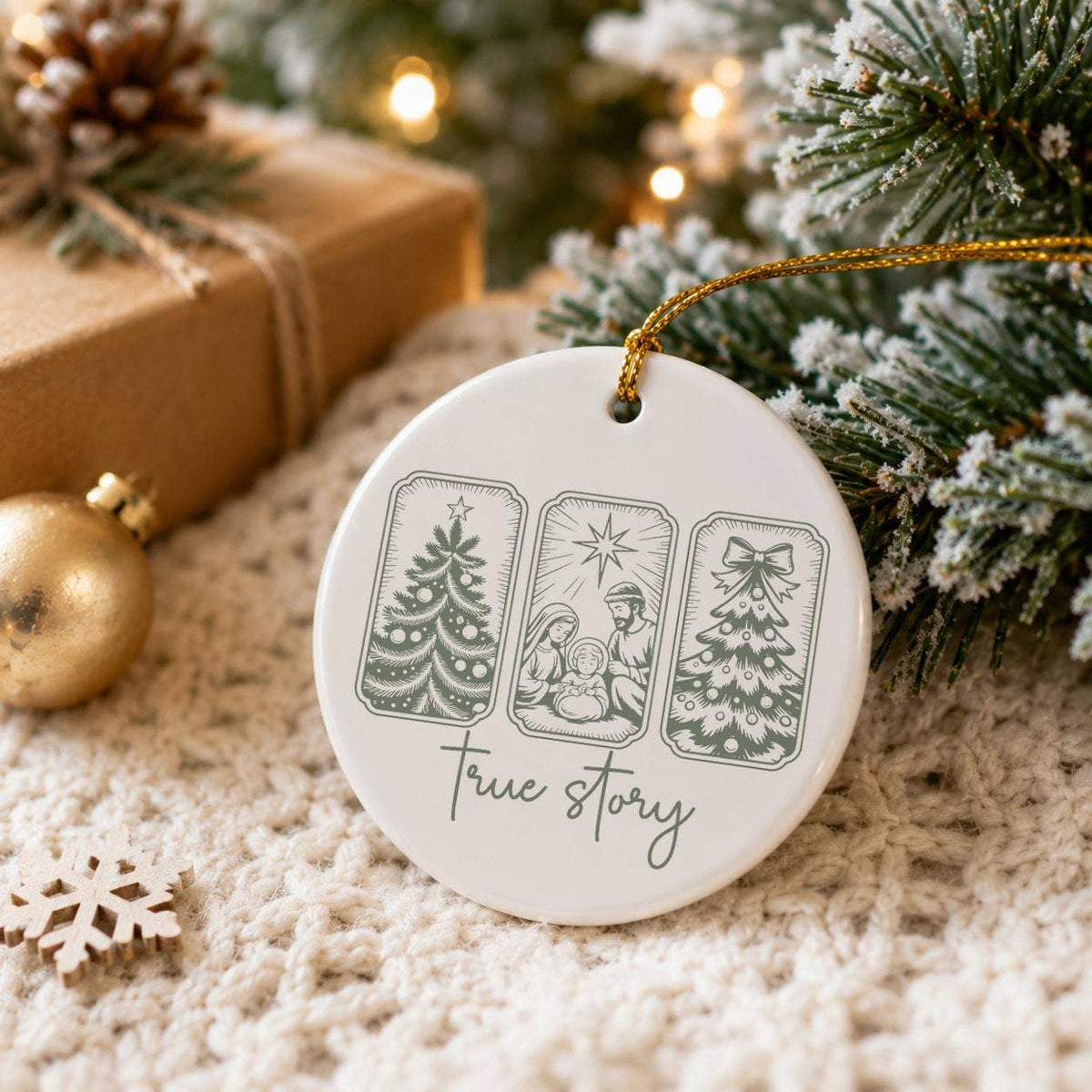 Nativity Scene Ceramic Ornament with Holy Family and Trees