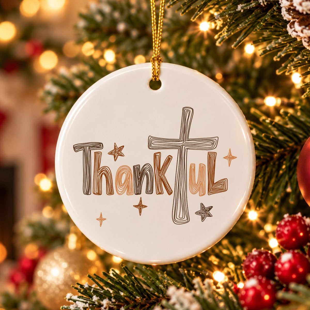 Thankful Cross Beige Ceramic Ornament with Gift Box