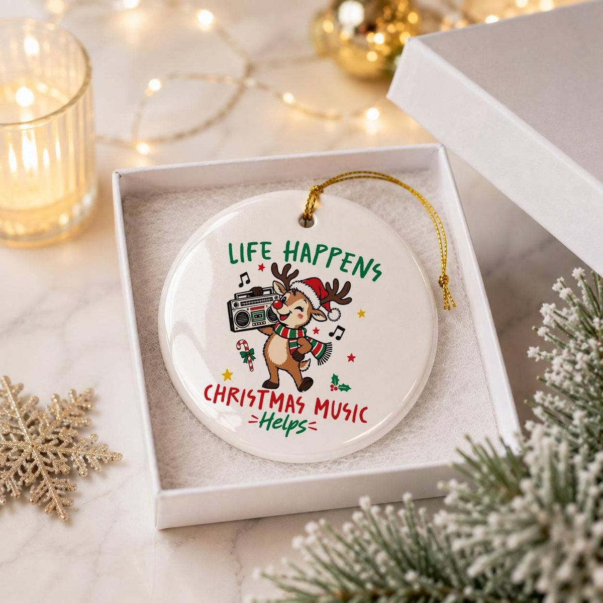Christmas Reindeer Music Ceramic Ornament Gift Boxed