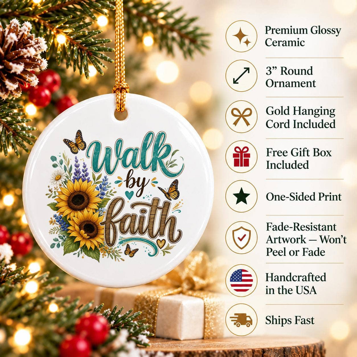Walk by Faith Sunflower Ceramic Ornament Gift Box