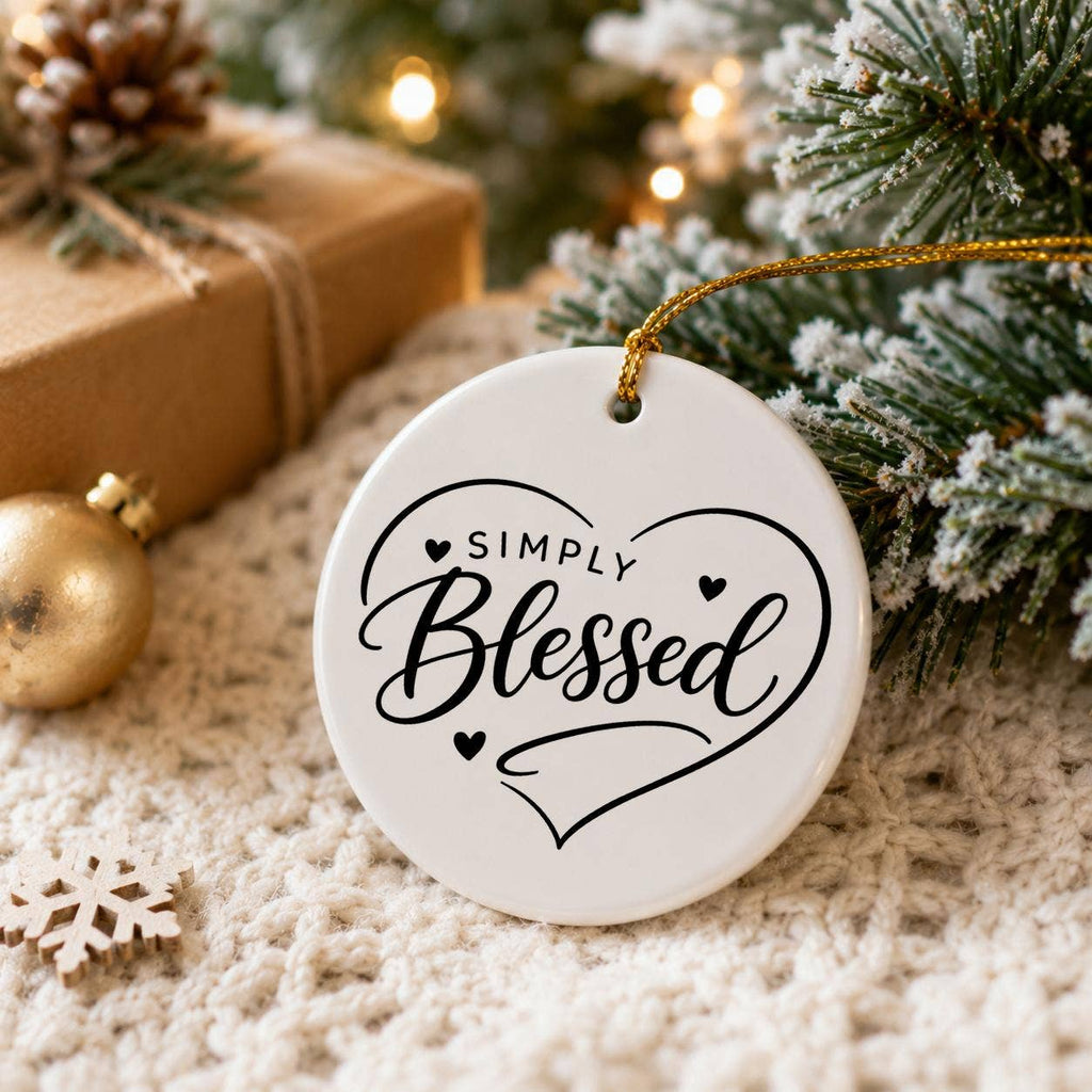 Simply Blessed Glossy Ceramic Ornament with Heart Motifs