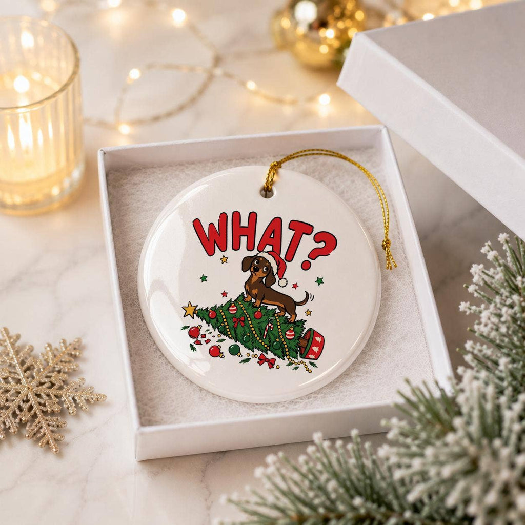 Humorous Ceramic Dachshund and Christmas Tree Ornament Gift