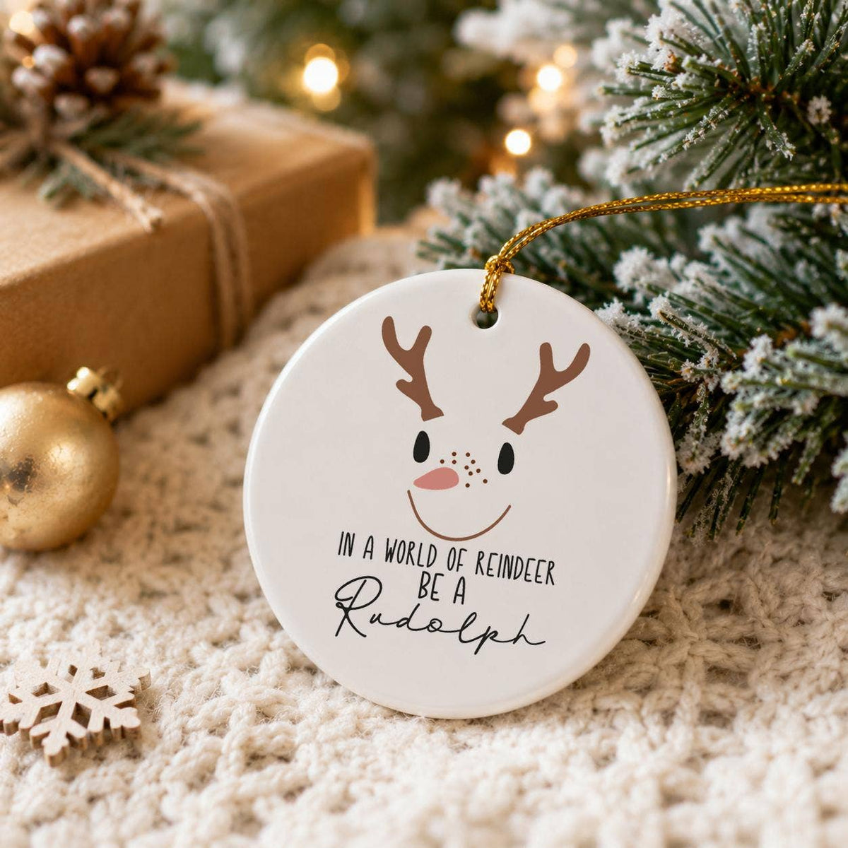 Rudolph Reindeer Ceramic Ornament with Gift Box and Greeting