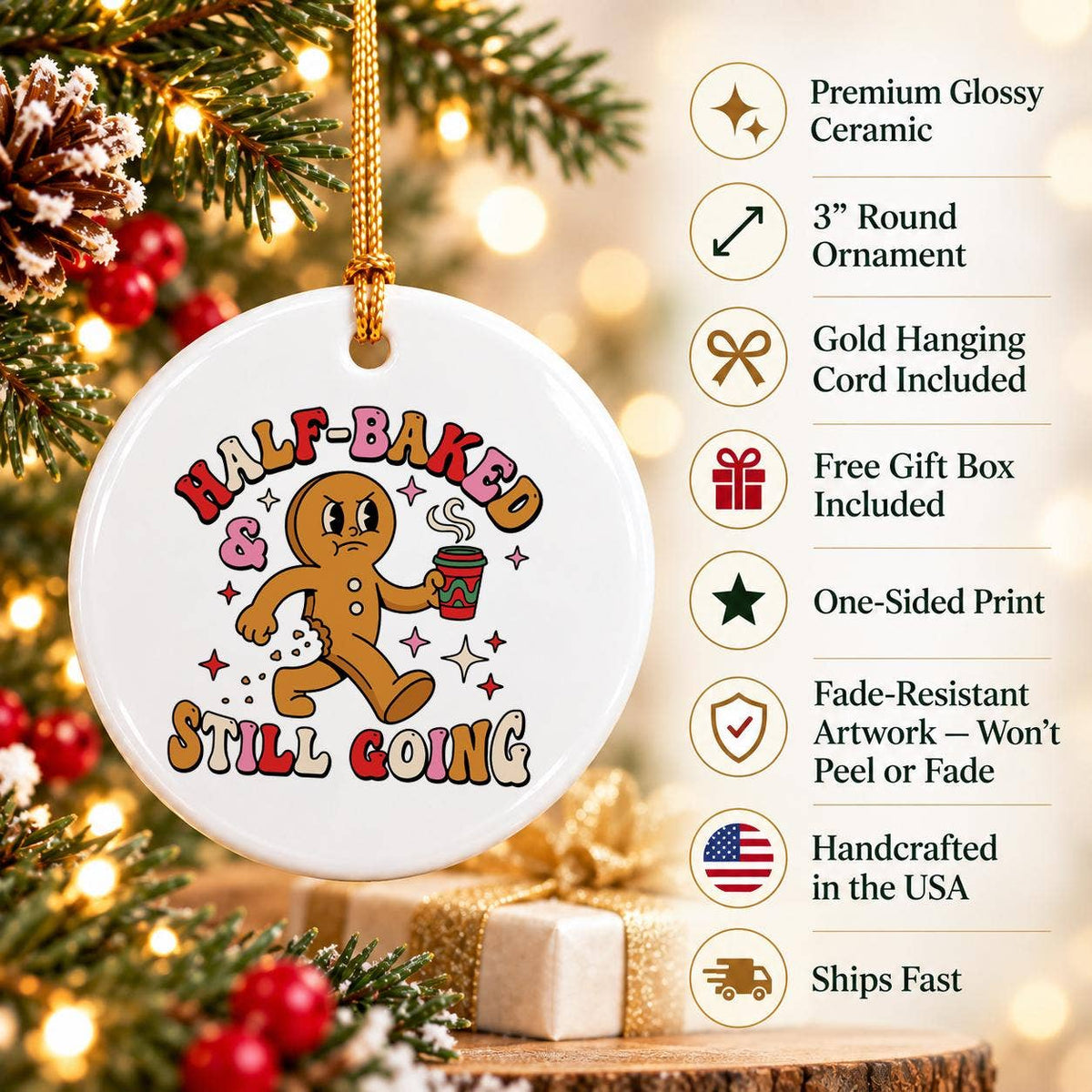 Whimsical Gingerbread Ceramic Ornament with Coffee Cup Charm
