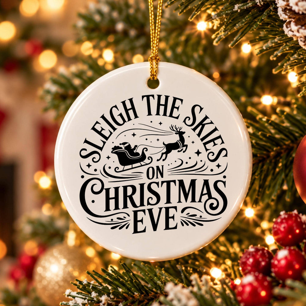 Glossy Ceramic Ornament: Festive Reindeer & Sleigh Scene