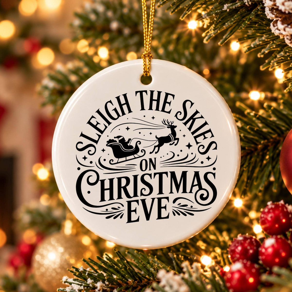 Glossy Ceramic Ornament: Festive Reindeer & Sleigh Scene