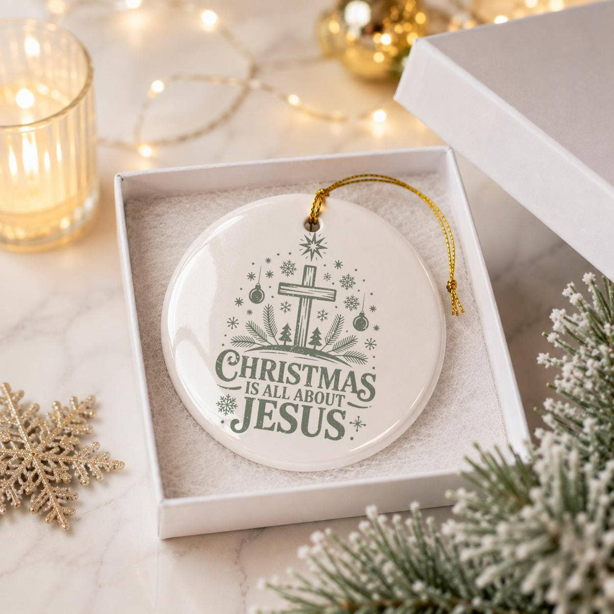Elegant Green Ceramic Ornament with Cross, Snowflakes, Trees