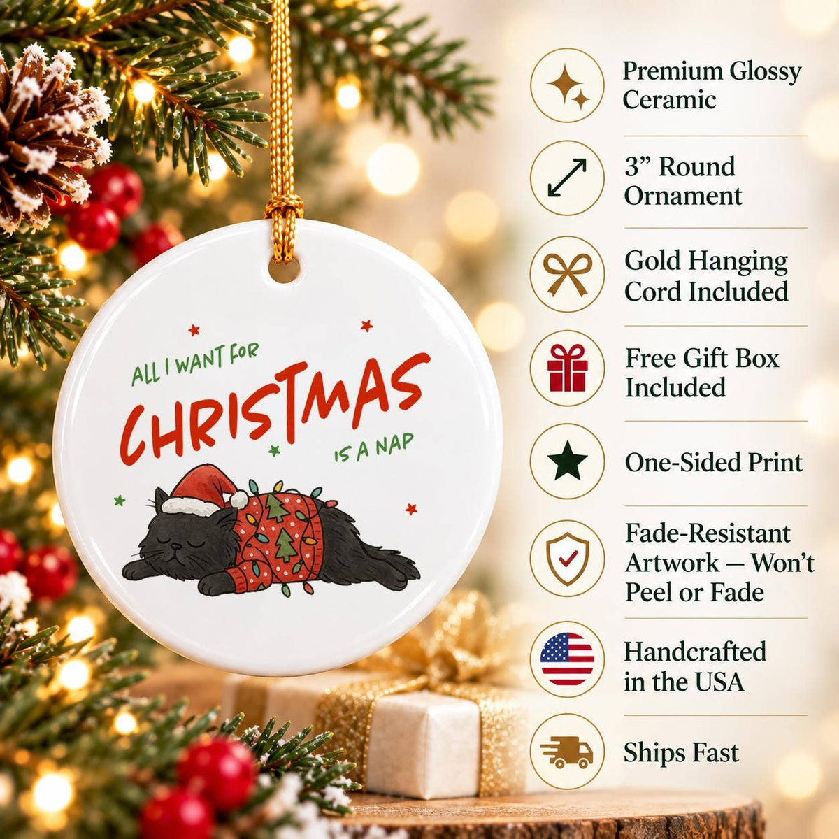 Cozy Black Cat Christmas Ornament in Gift Box with Ribbon