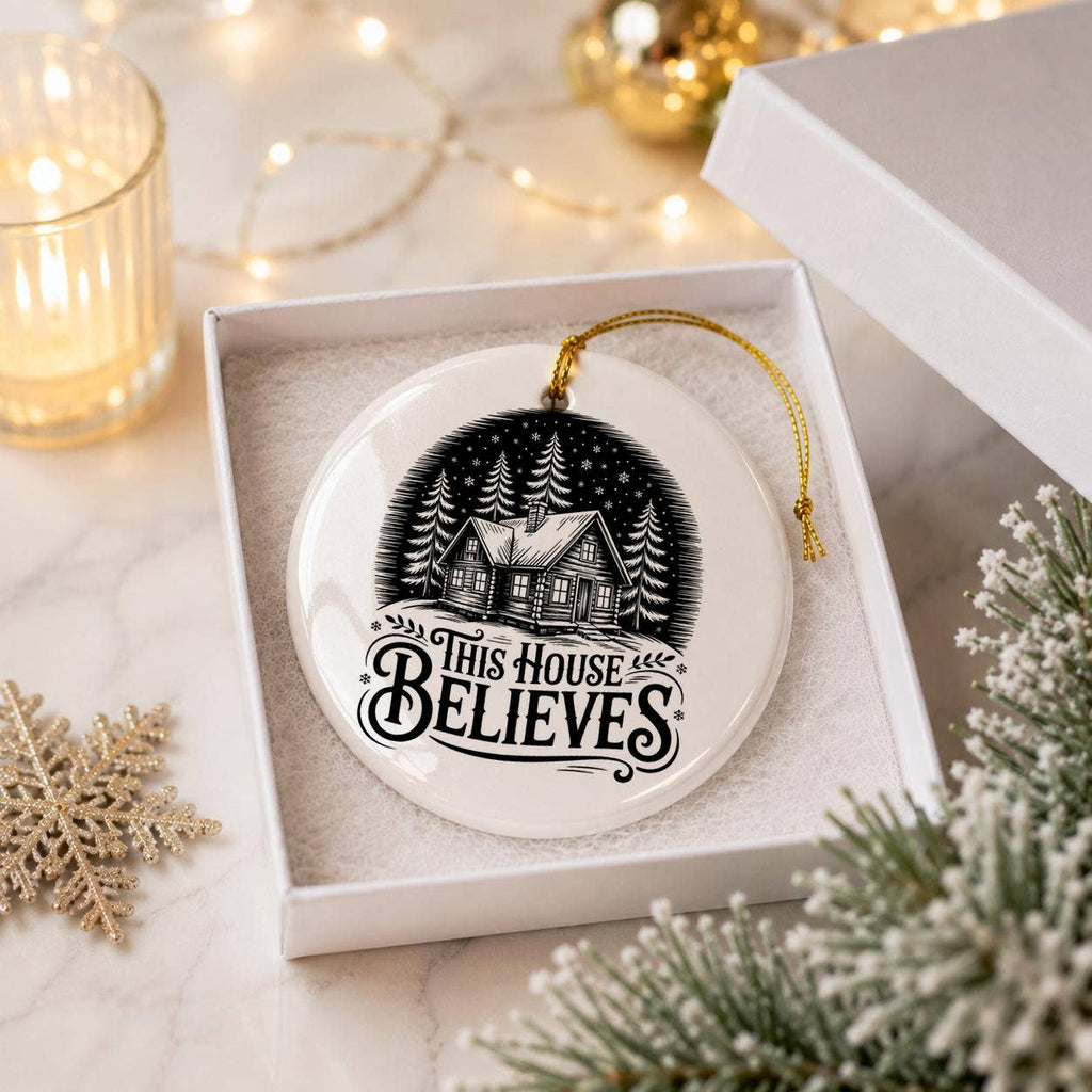 This House Believes Snowy Cabin Ceramic Christmas Ornament