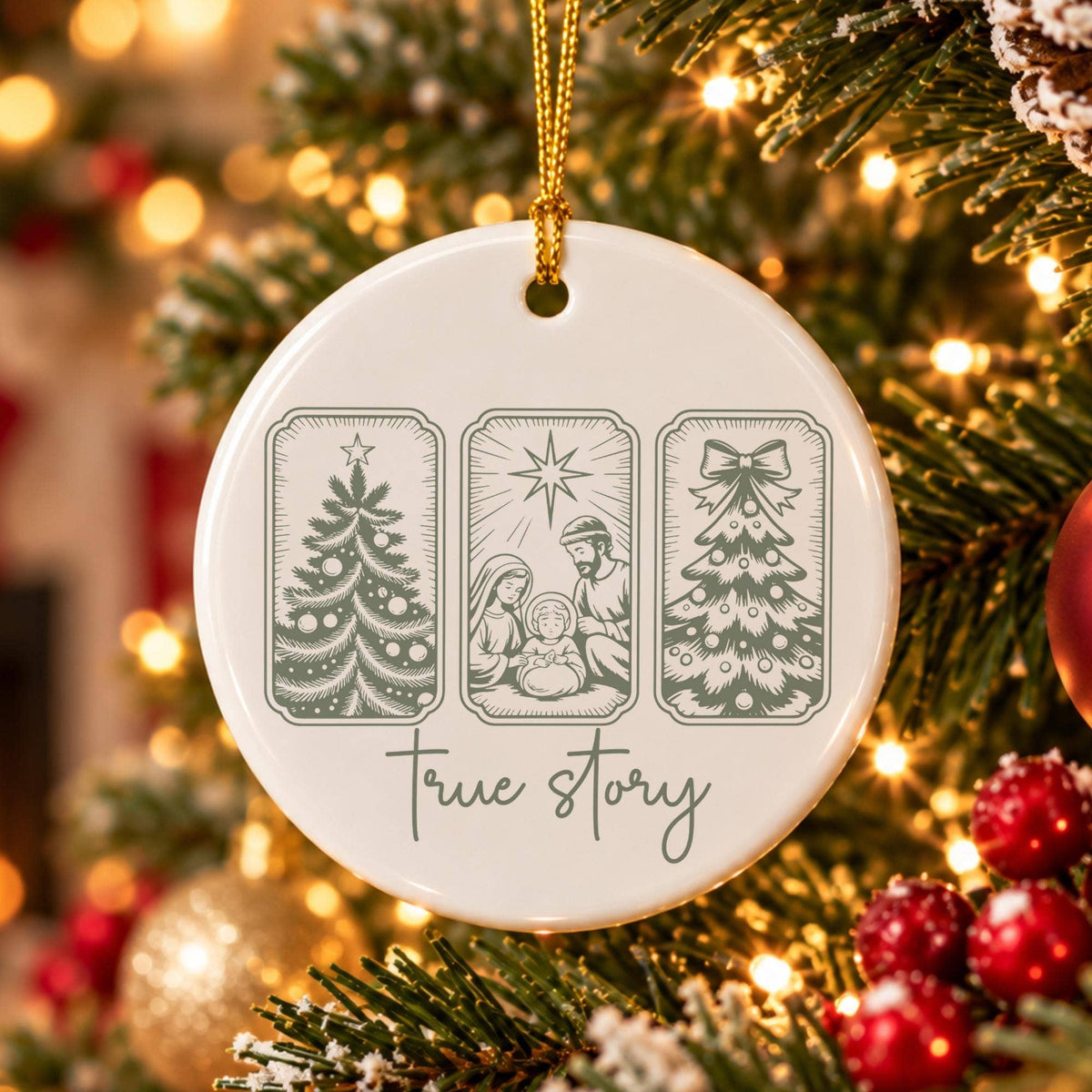 Nativity Scene Ceramic Ornament with Holy Family and Trees