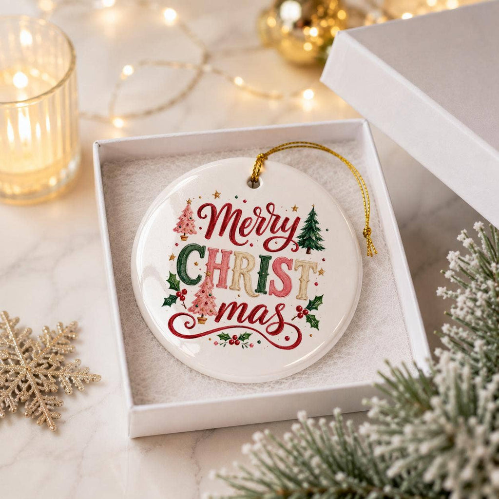 Festive Ceramic Ornament with Christmas Trees in Gift Box