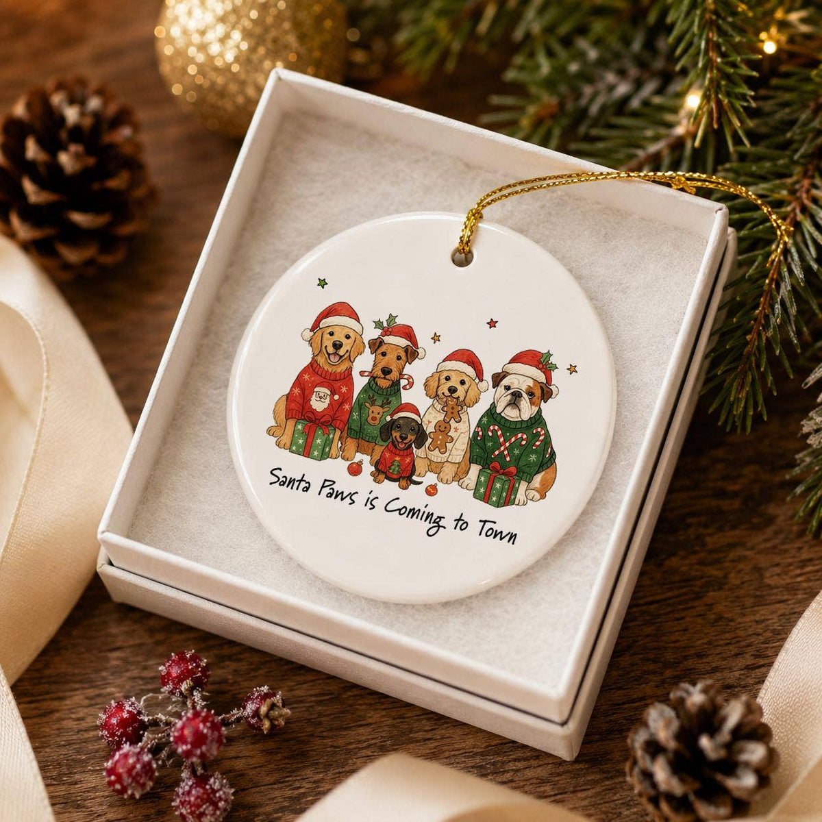Santa Paws Christmas Dog Ceramic Ornament Gift Box
