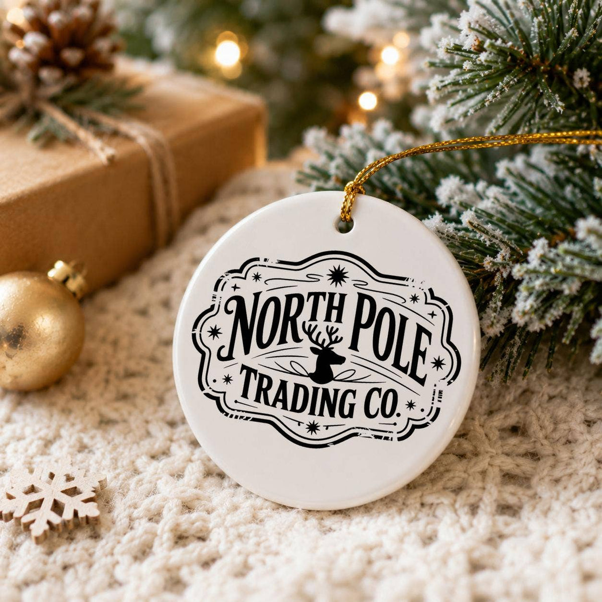 North Pole Ceramic Reindeer Ornament with Festive Typography
