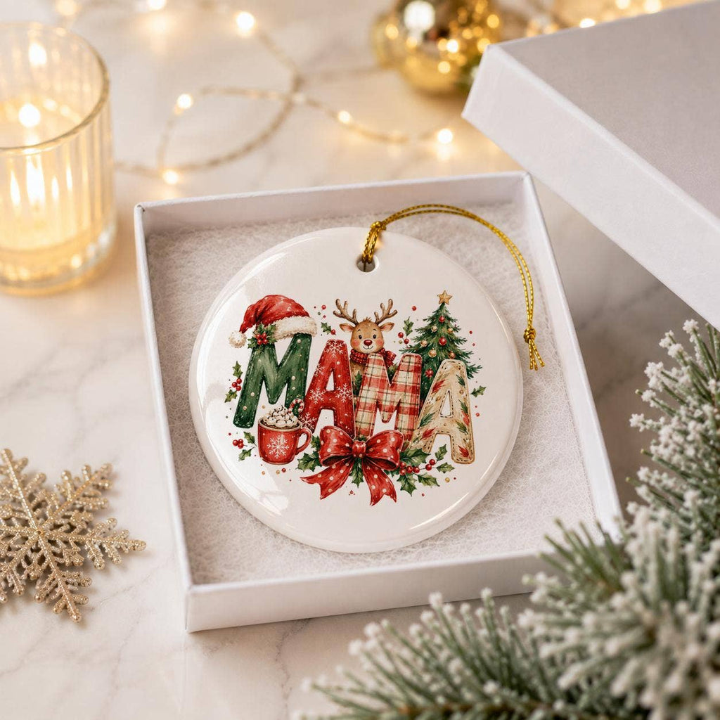 Festive Mama Reindeer Ceramic Ornament with Christmas Motifs