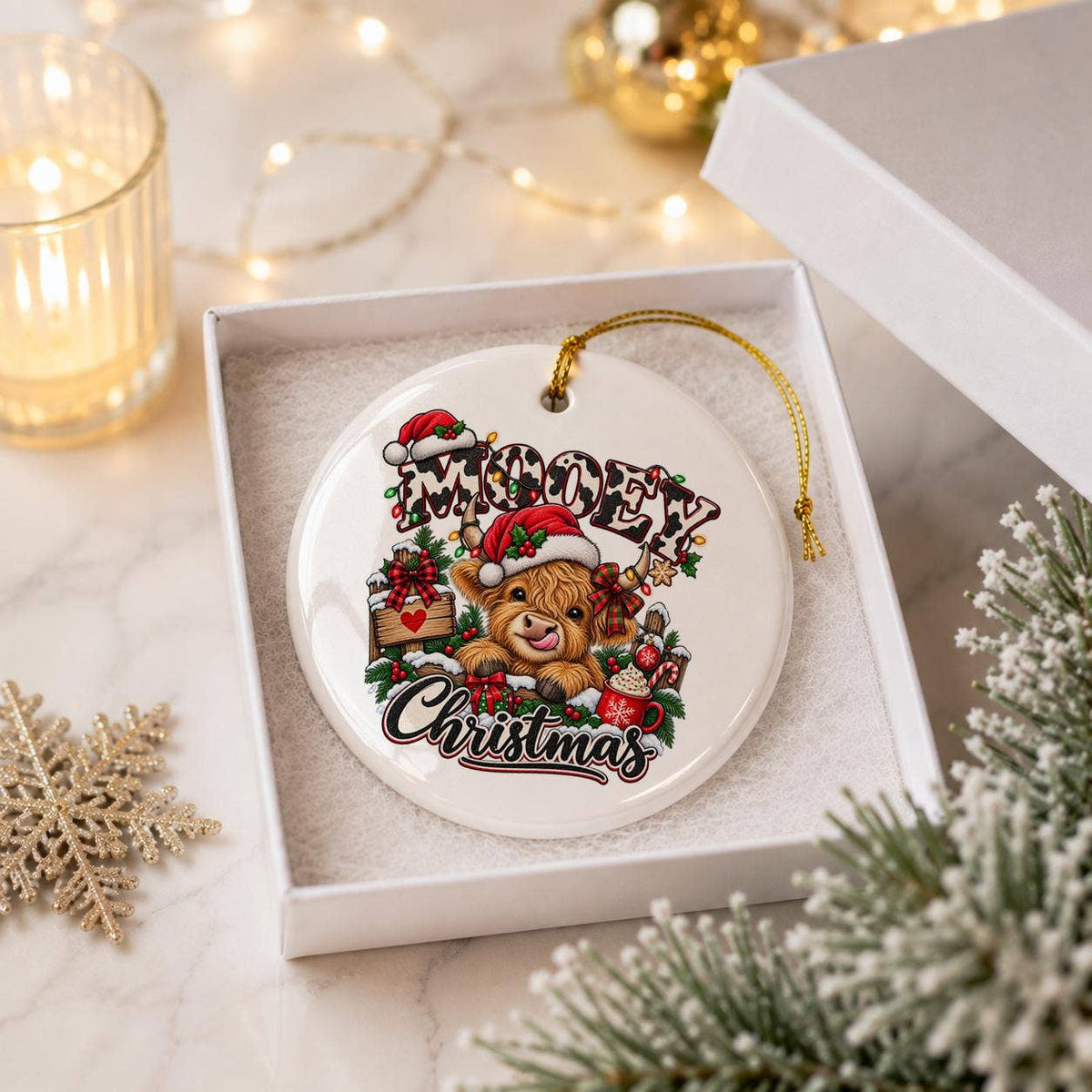 Festive Mooey Christmas Highland Cow Ceramic Santa Ornament