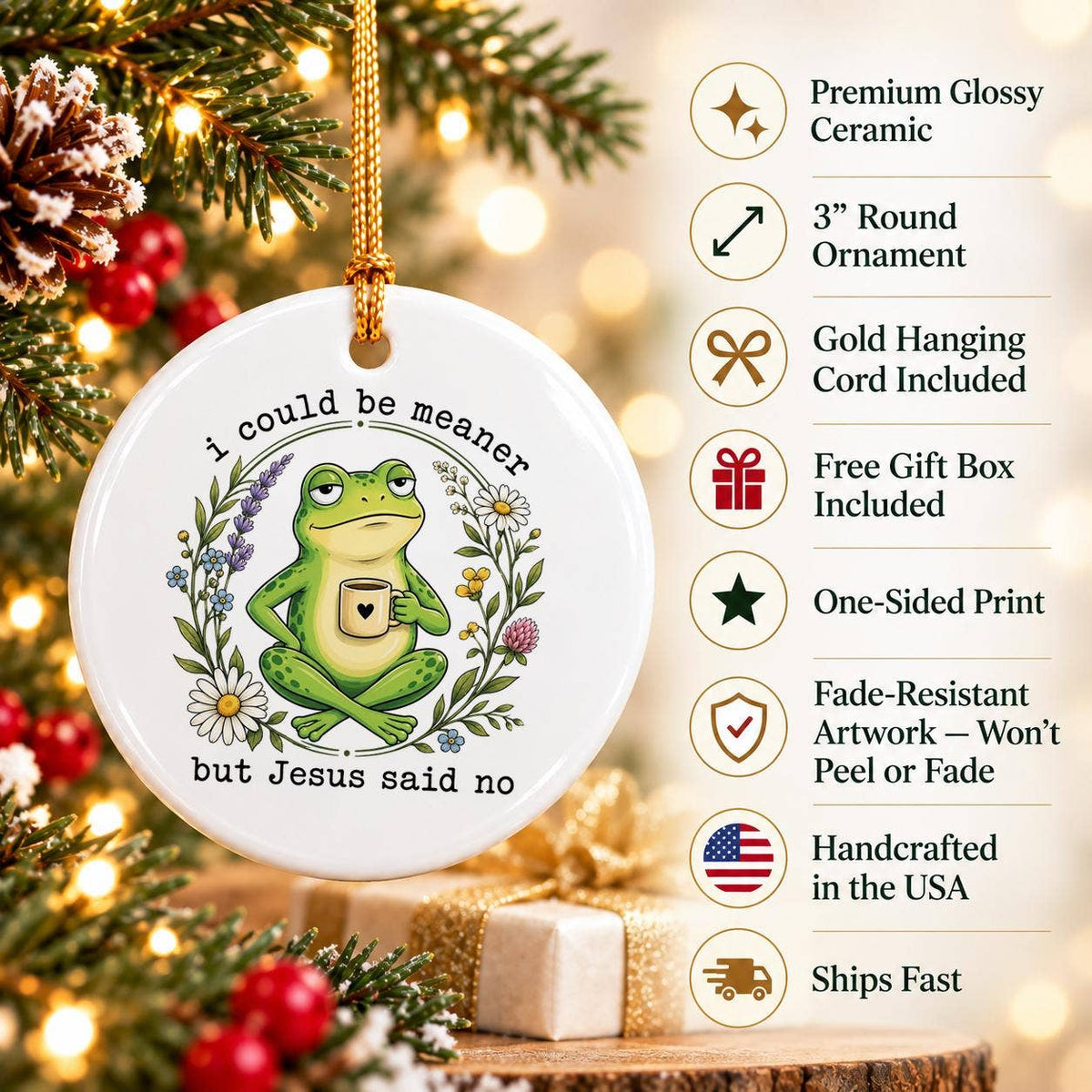 Humorous Ceramic Frog Ornament with Floral Faith Quote 2023