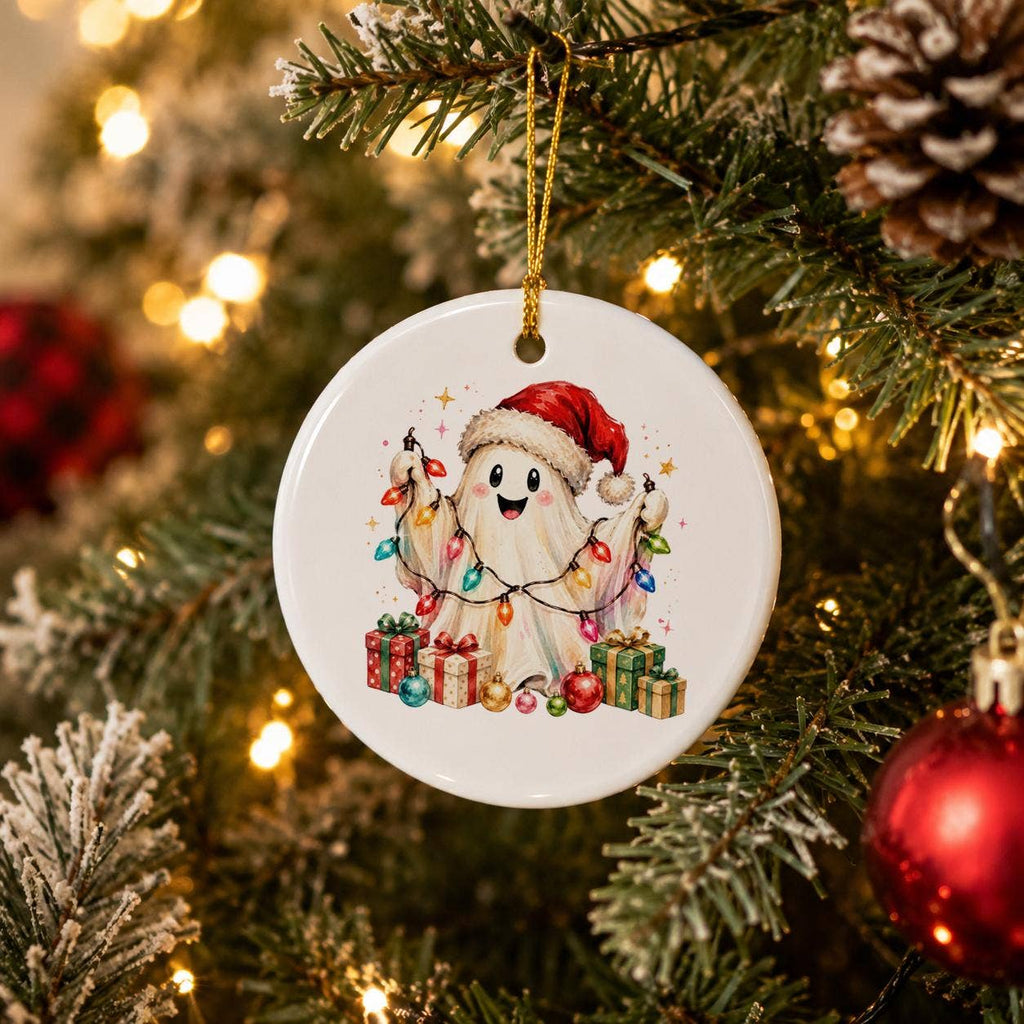 Ceramic Ghost with Santa Hat Christmas Ornament in Lights