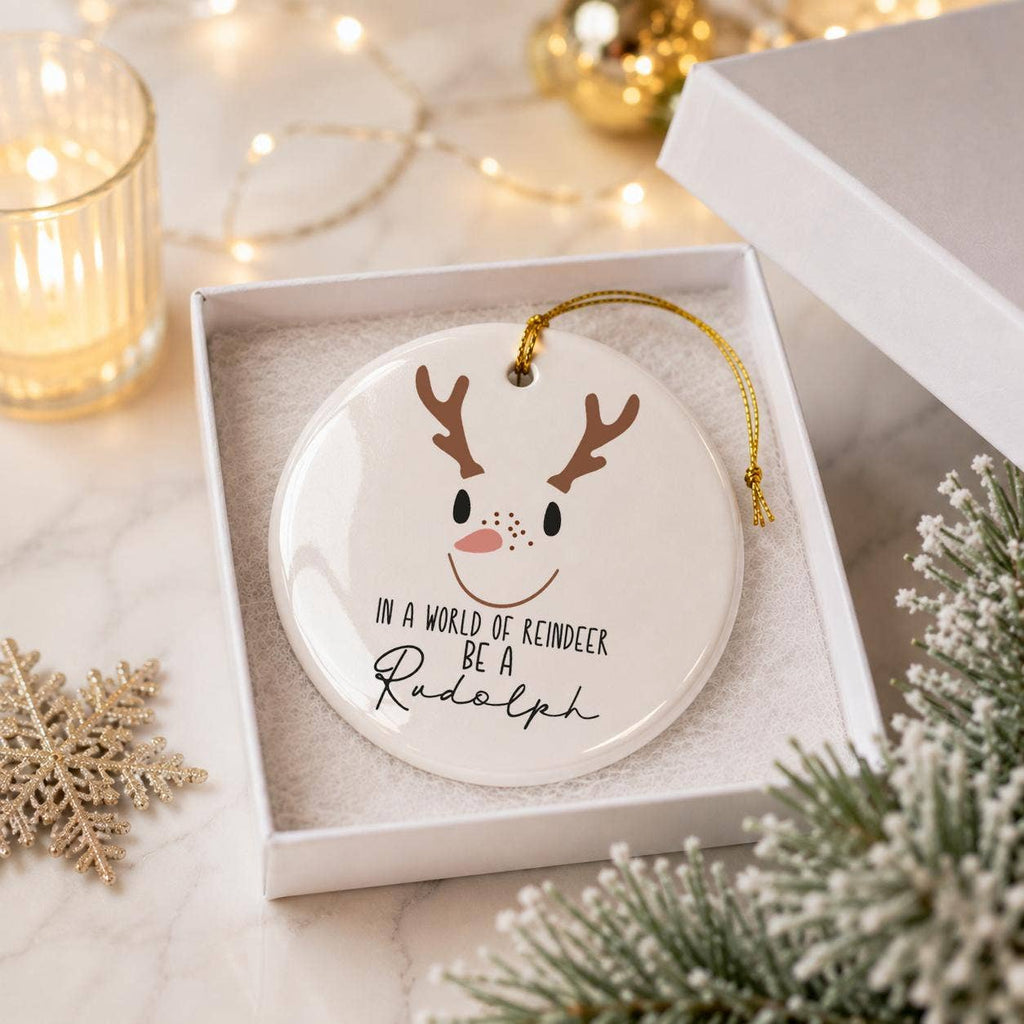 Rudolph Reindeer Ceramic Ornament with Gift Box and Greeting