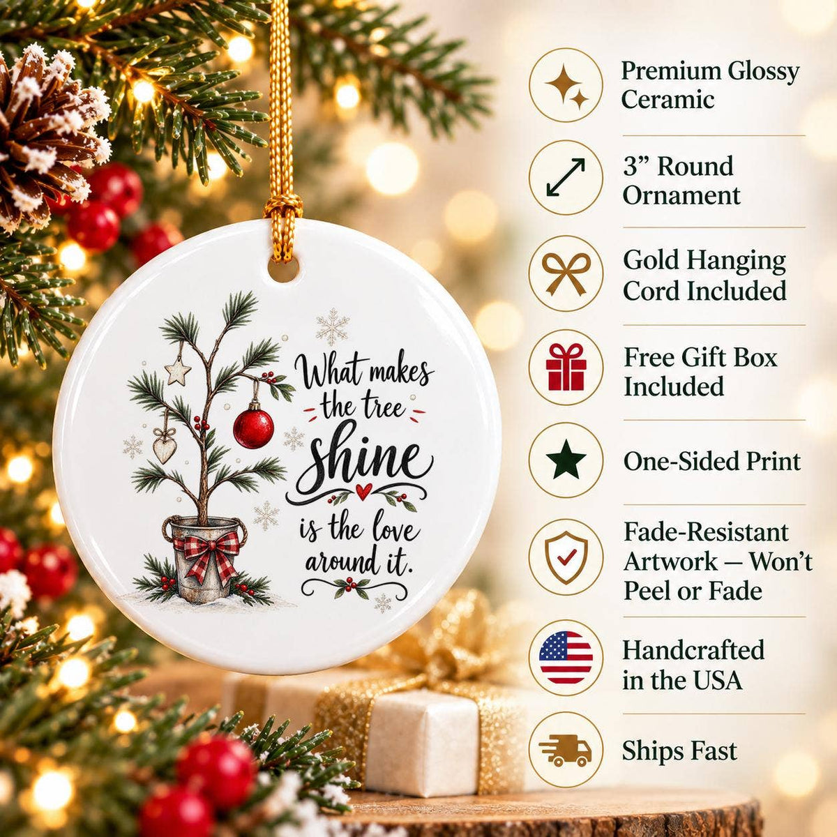 Heartfelt Sentiment Ceramic Ornament with Pine Tree & Stars