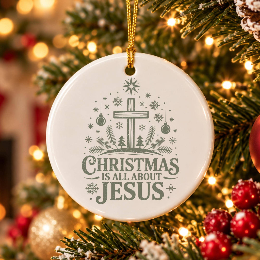 Elegant Green Ceramic Ornament with Cross, Snowflakes, Trees