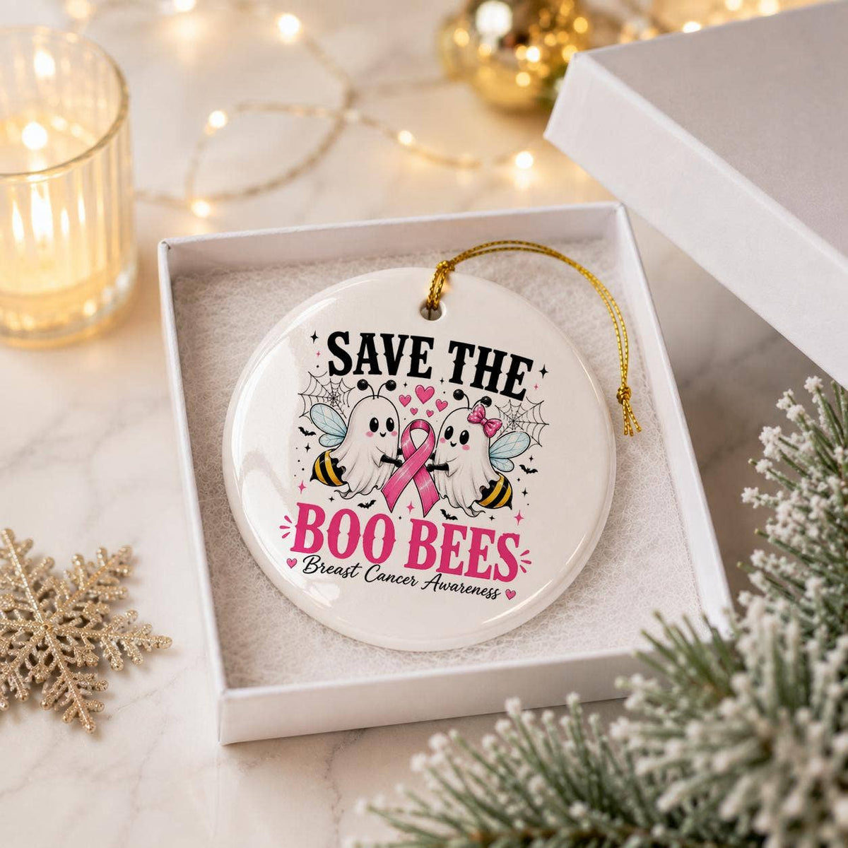 Breast Cancer Awareness Ceramic Ornament with Gift Box