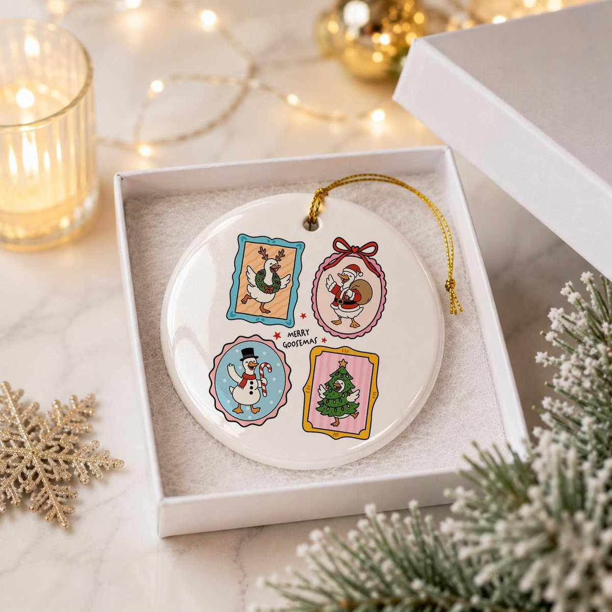 Merry Goosmas Ceramic Ornament with Goose, Santa & Tree