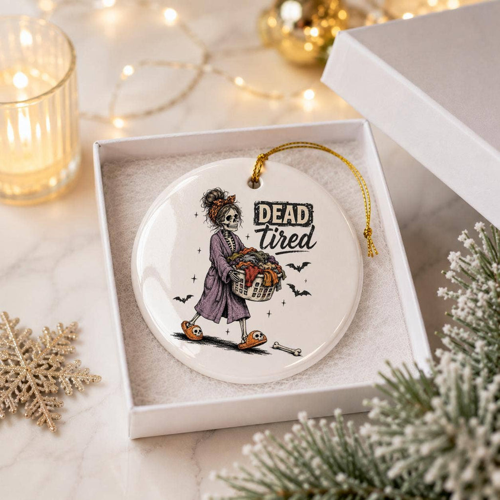 Whimsical 'Dead Tired' Skeleton Ceramic Halloween Ornament