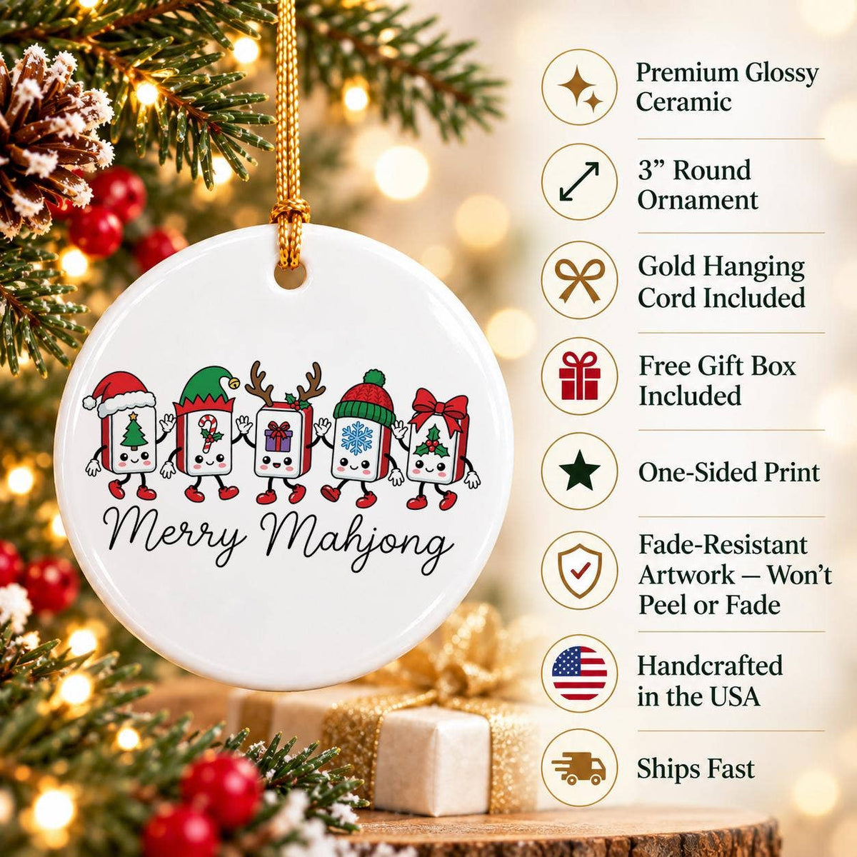 Festive Ceramic Ornament: Smiling Mahjong Tiles Xmas Decor