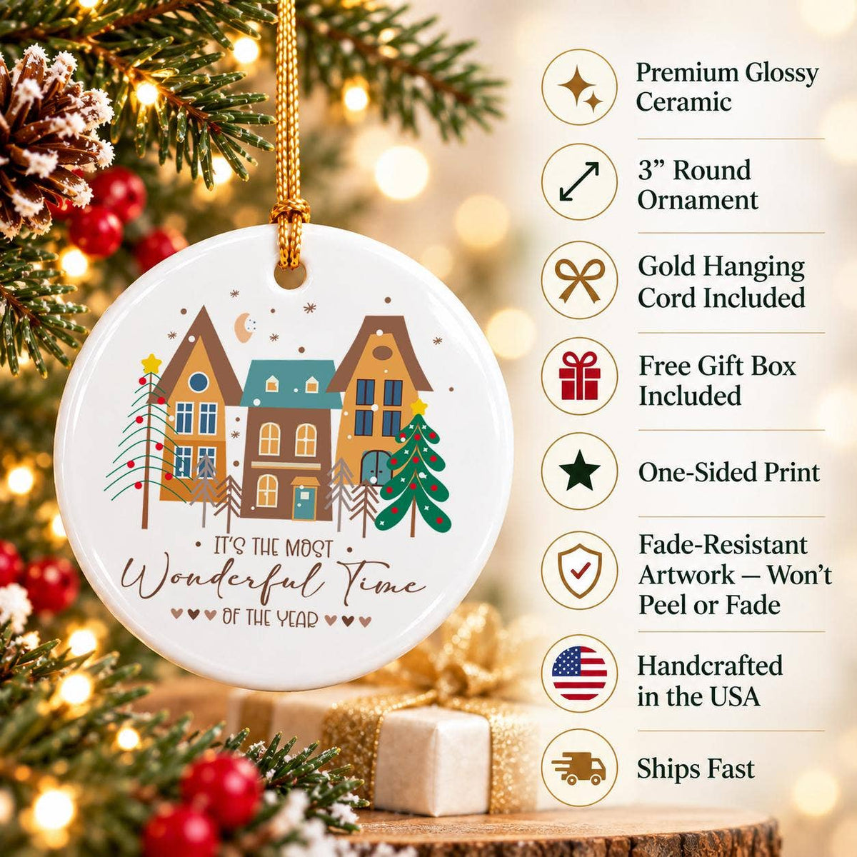Ceramic Christmas Ornament with Gift Box Holiday Scene