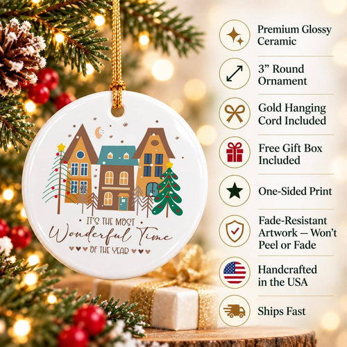 Ceramic Christmas Ornament with Gift Box Holiday Scene