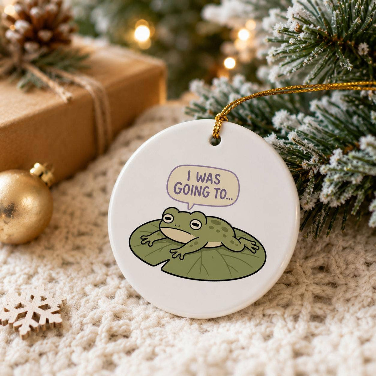 Whimsical Frog on Lily Pad Ceramic Ornament Holiday Humor