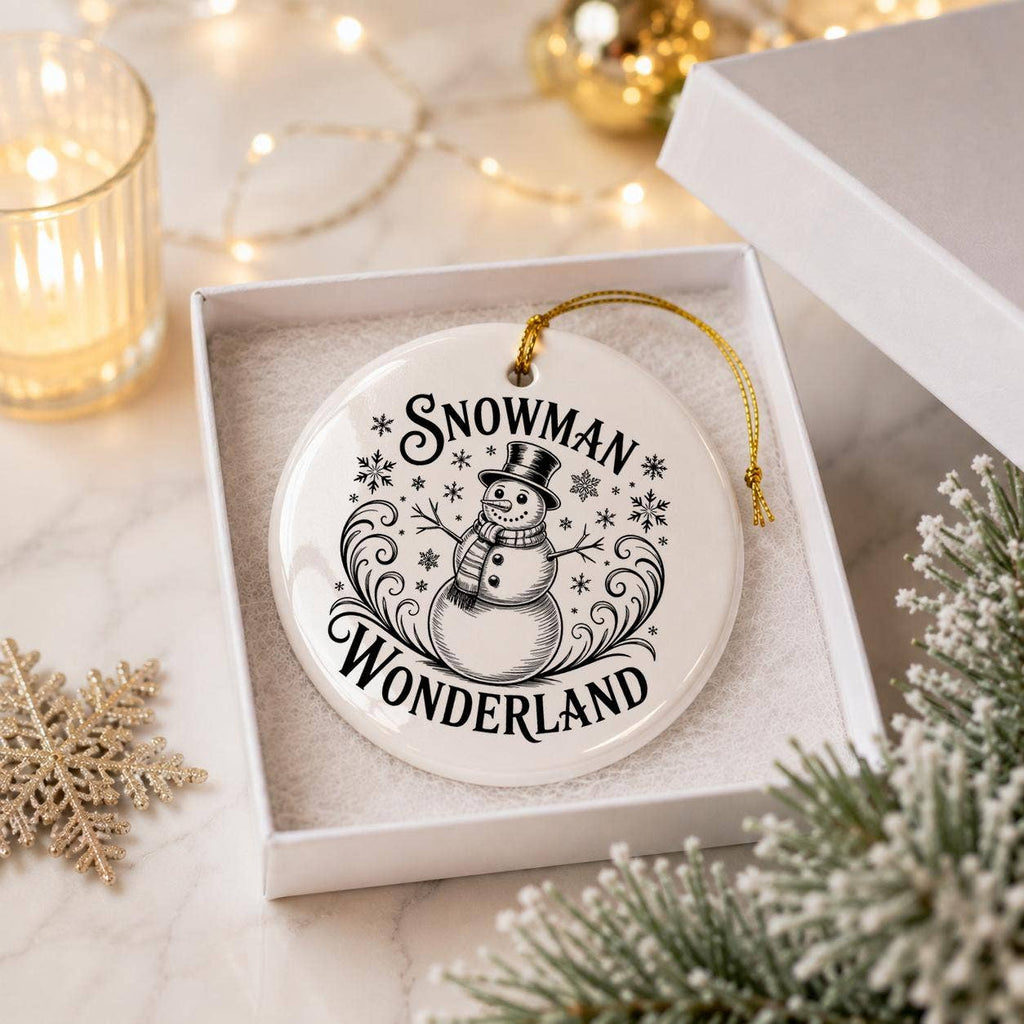 Adorable Snowman Wonderland Ceramic Ornament with Snowflakes