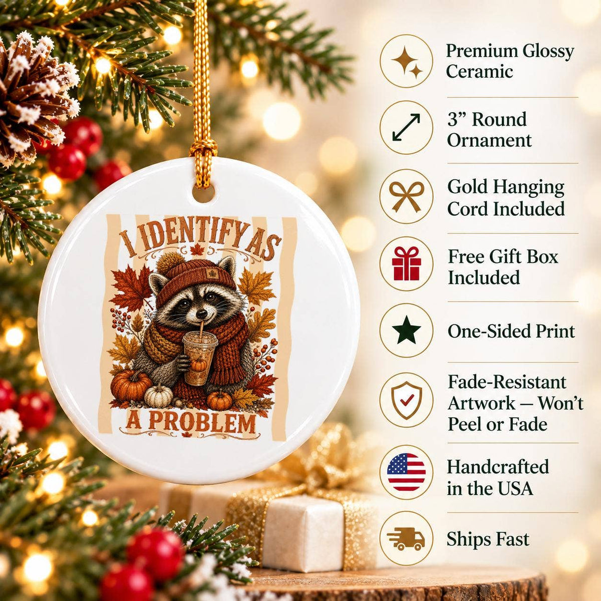 Autumn Raccoon Humor Ceramic Ornament with Pumpkins & Leaves
