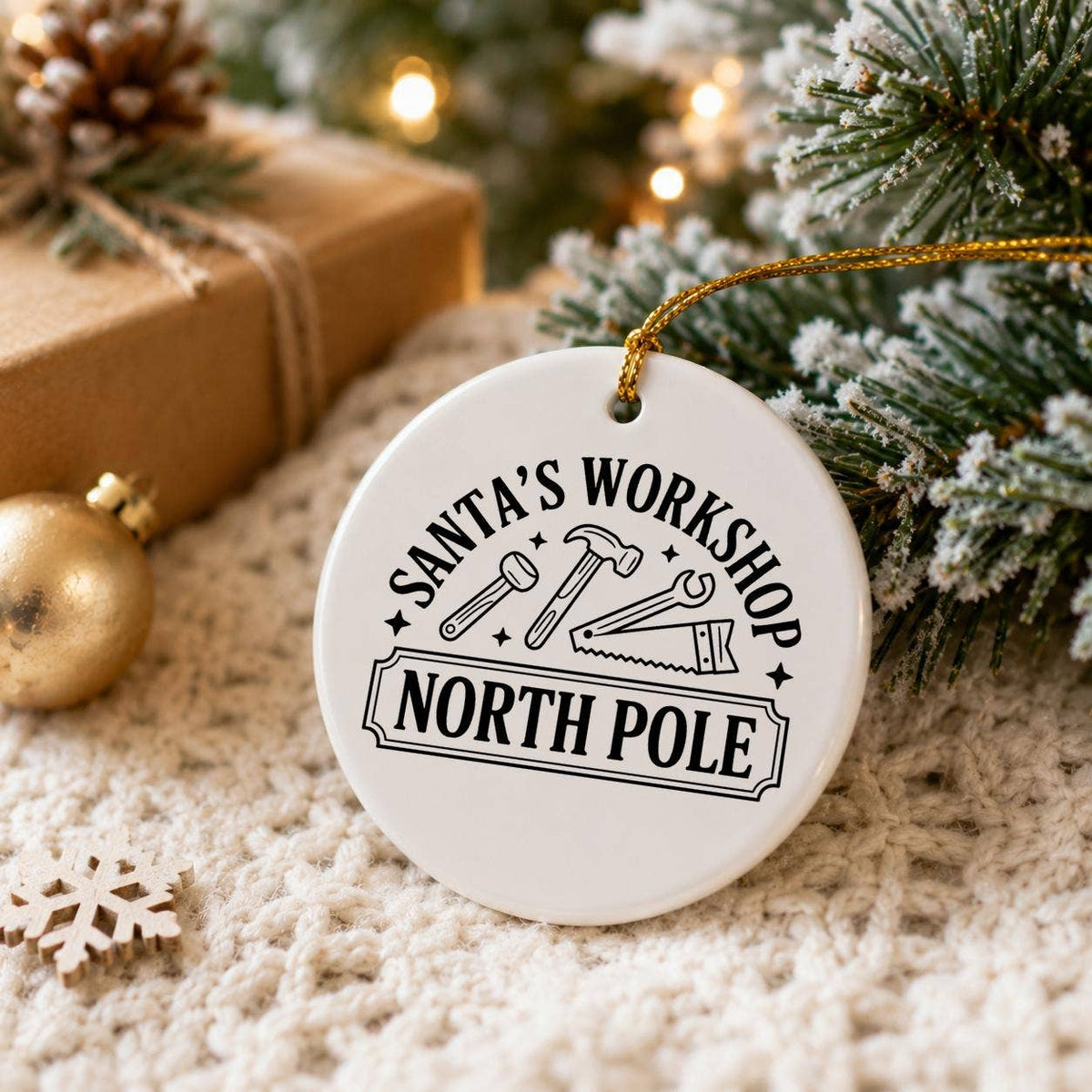 Whimsical Santas Workshop Ceramic Ornament with Gold Ribbon