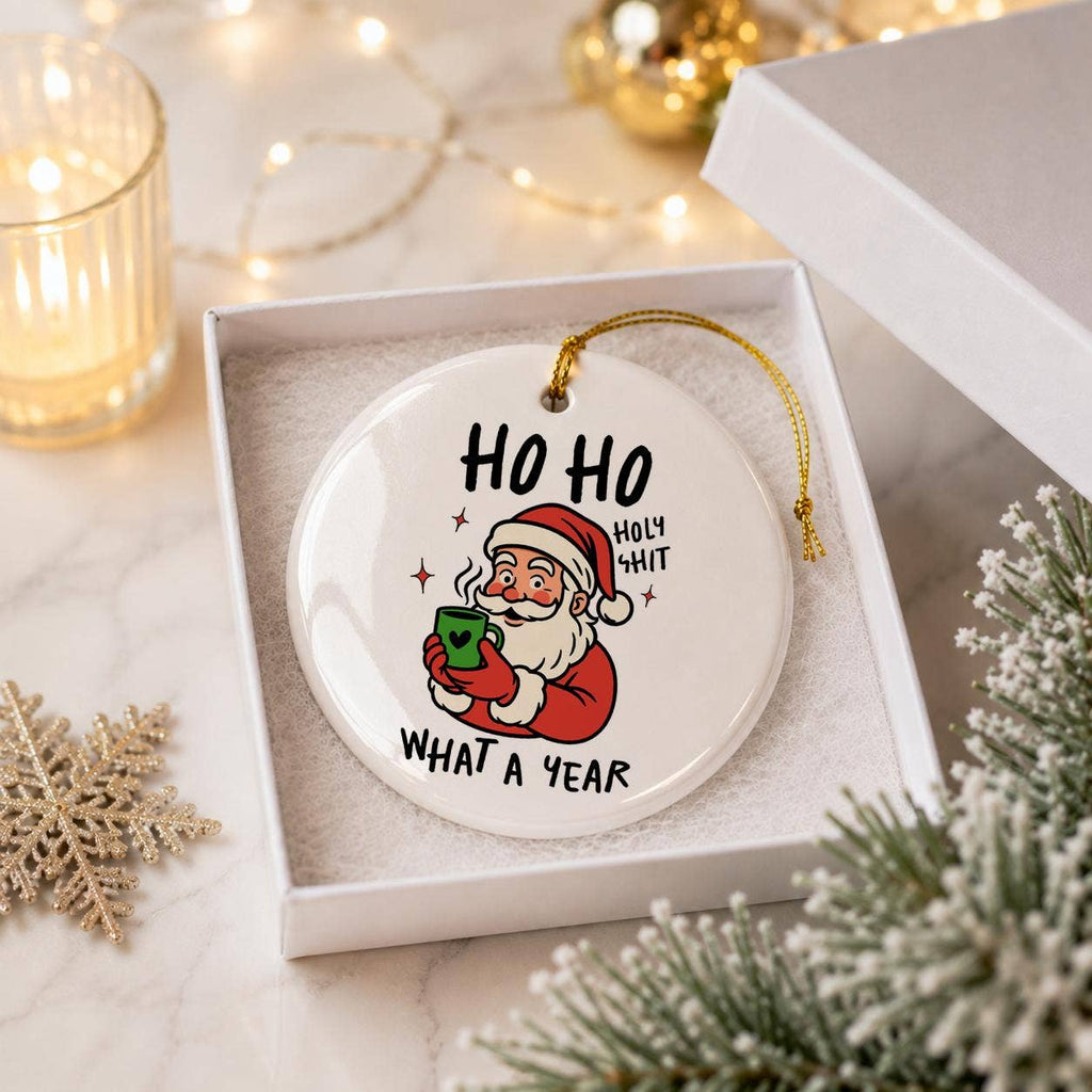 Funny Santa Ceramic Christmas Ornament with Gift Box