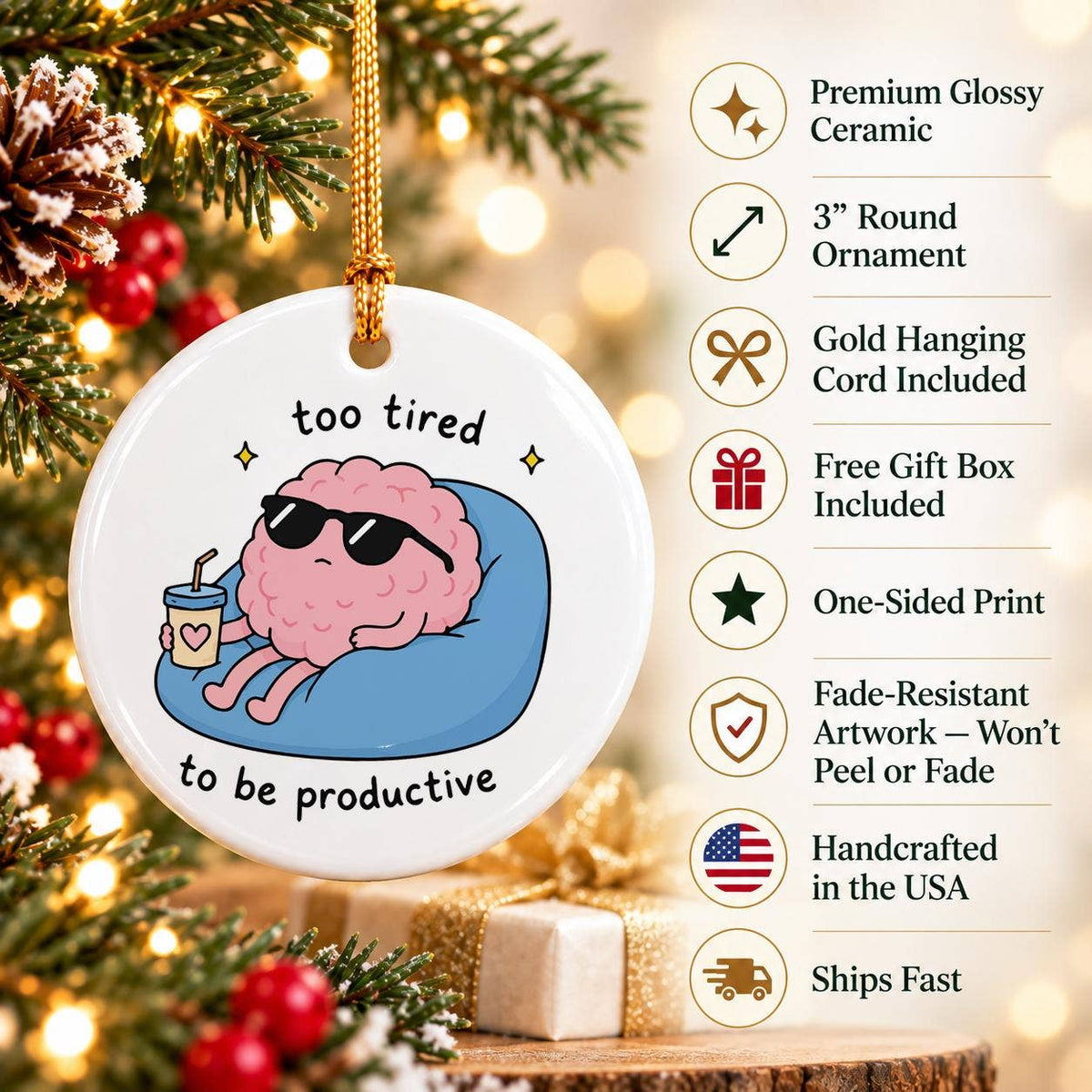Whimsical Lazy Brain Ceramic Ornament for Festive Humor