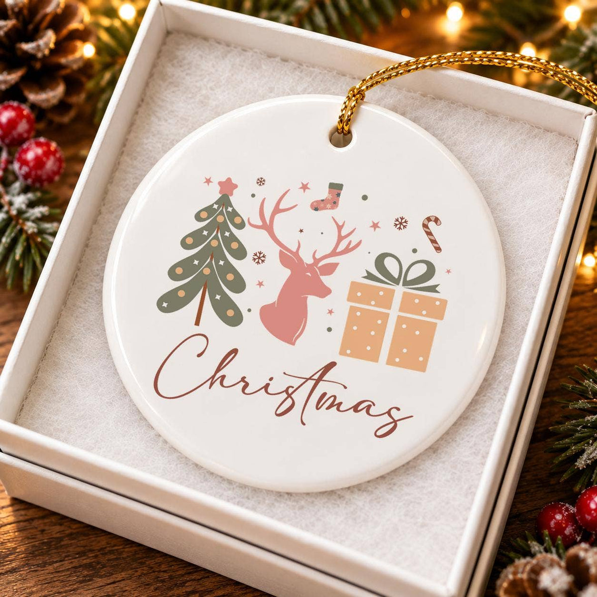 Festive Christmas Ornament: Reindeer, Tree, Gift in Ceramic