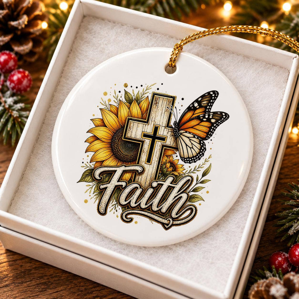 Faith Cross Sunflower Ceramic Ornament Gift Boxed