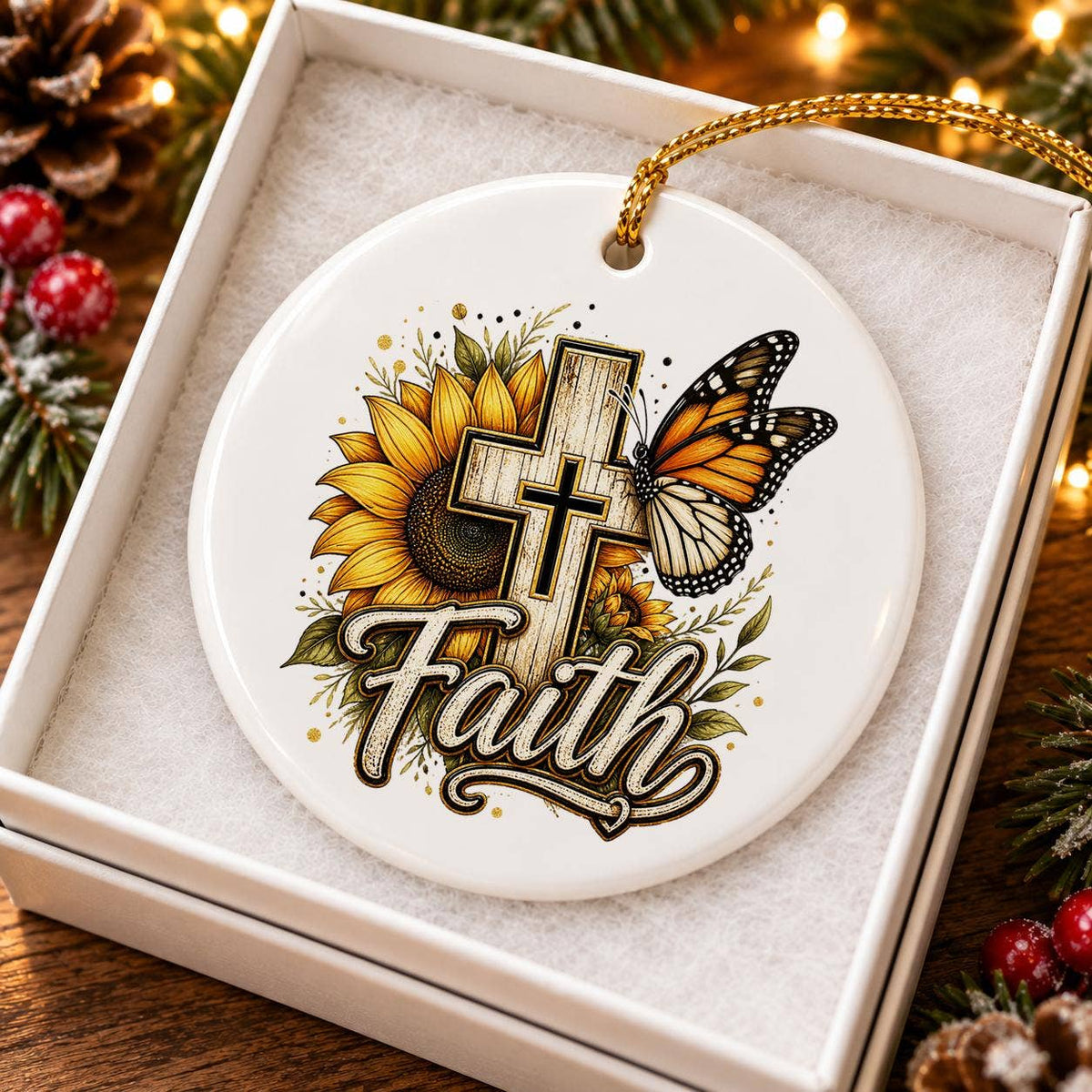 Faith Cross Sunflower Ceramic Ornament Gift Boxed
